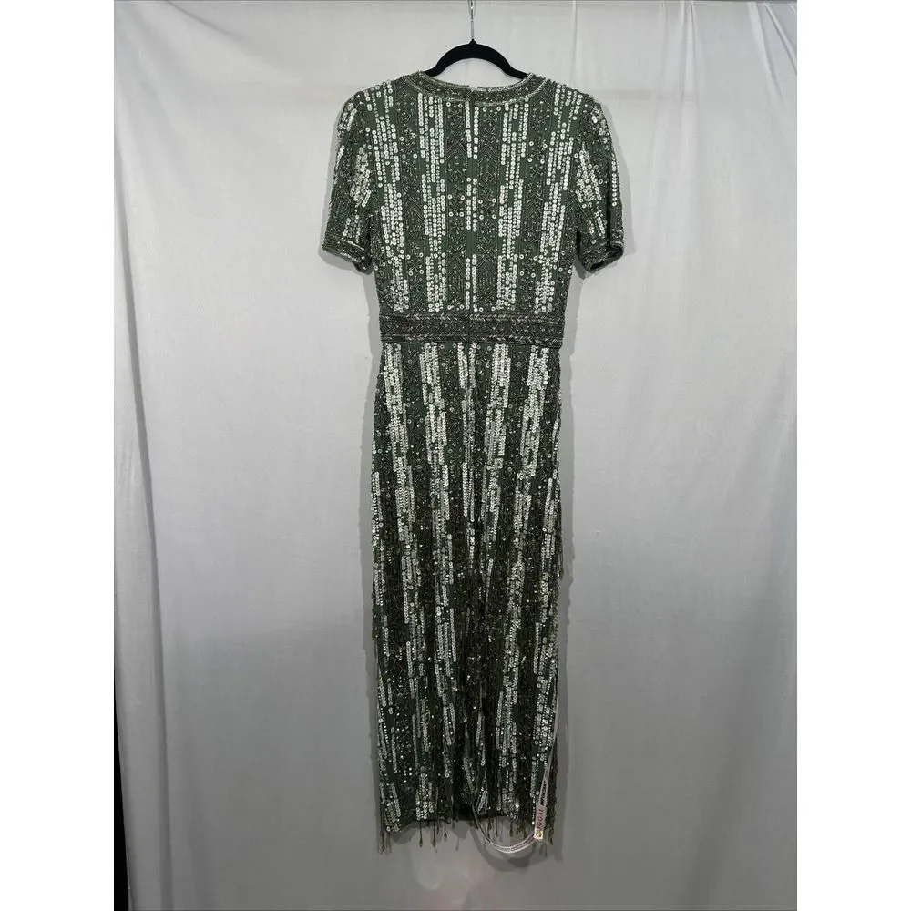 NWT Mac Duggal [ 8 ] 5980 High Neck Short‎ Sleev Crystal Fringe Dress Sage Q931